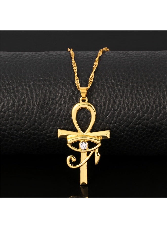 سلسلة مفتاح الحياة بعين حورس وفص زركون – ستانلس ستيل 316 مطلية بالذهب، مقاومة للصدأ وتغيّر اللون - Image 1